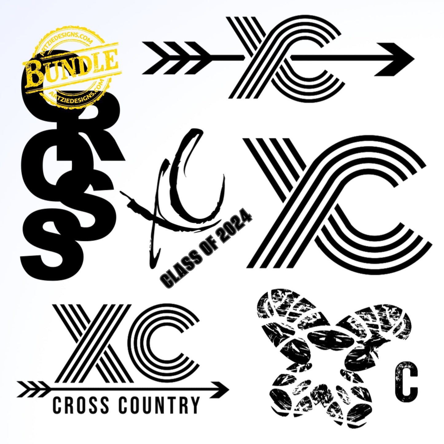 Black and white cross country running themed designs including text and shoe prints.