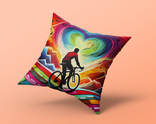 Colorful Cyclist Art Pillow, Vibrant Cycling Decorative Cushion