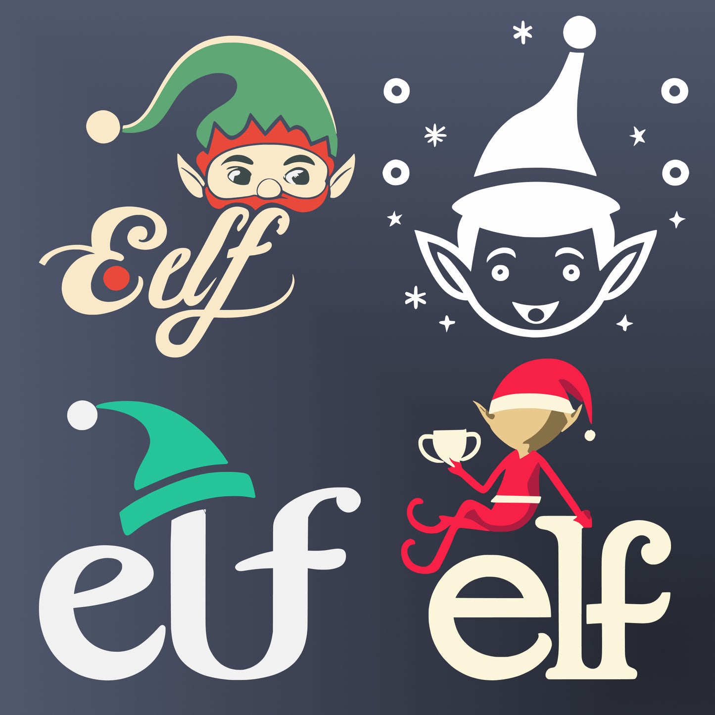 Christmas elf illustrations with the word elf.