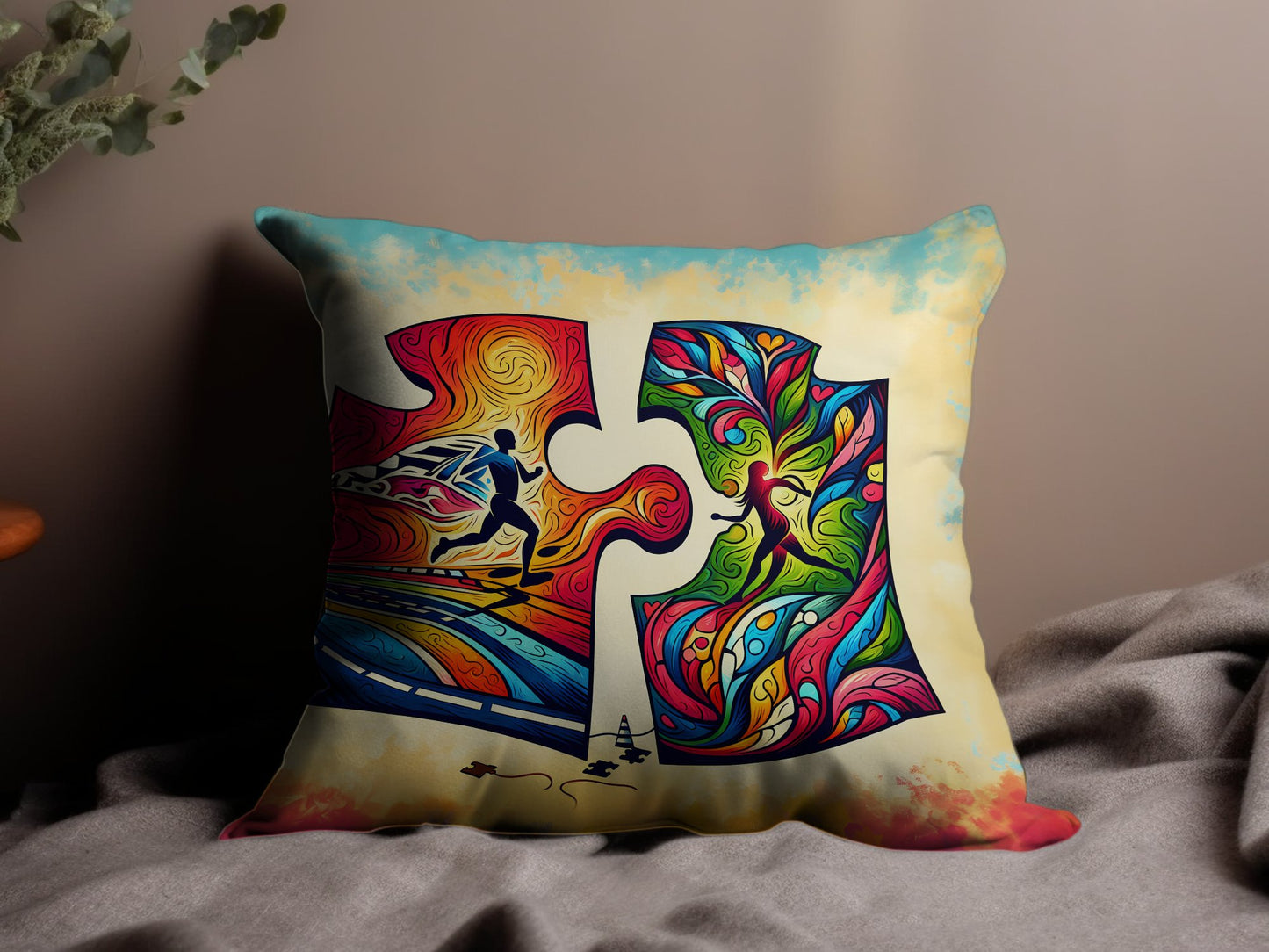 Abstract Running Couple Pillow, Gift for Her
