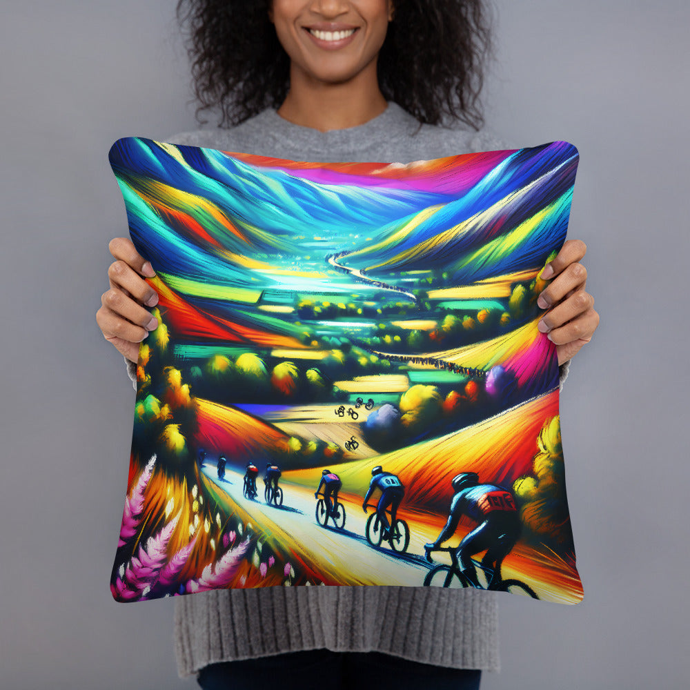 Vibrant Cycling Landscape Pillow, Colorful Cyclist