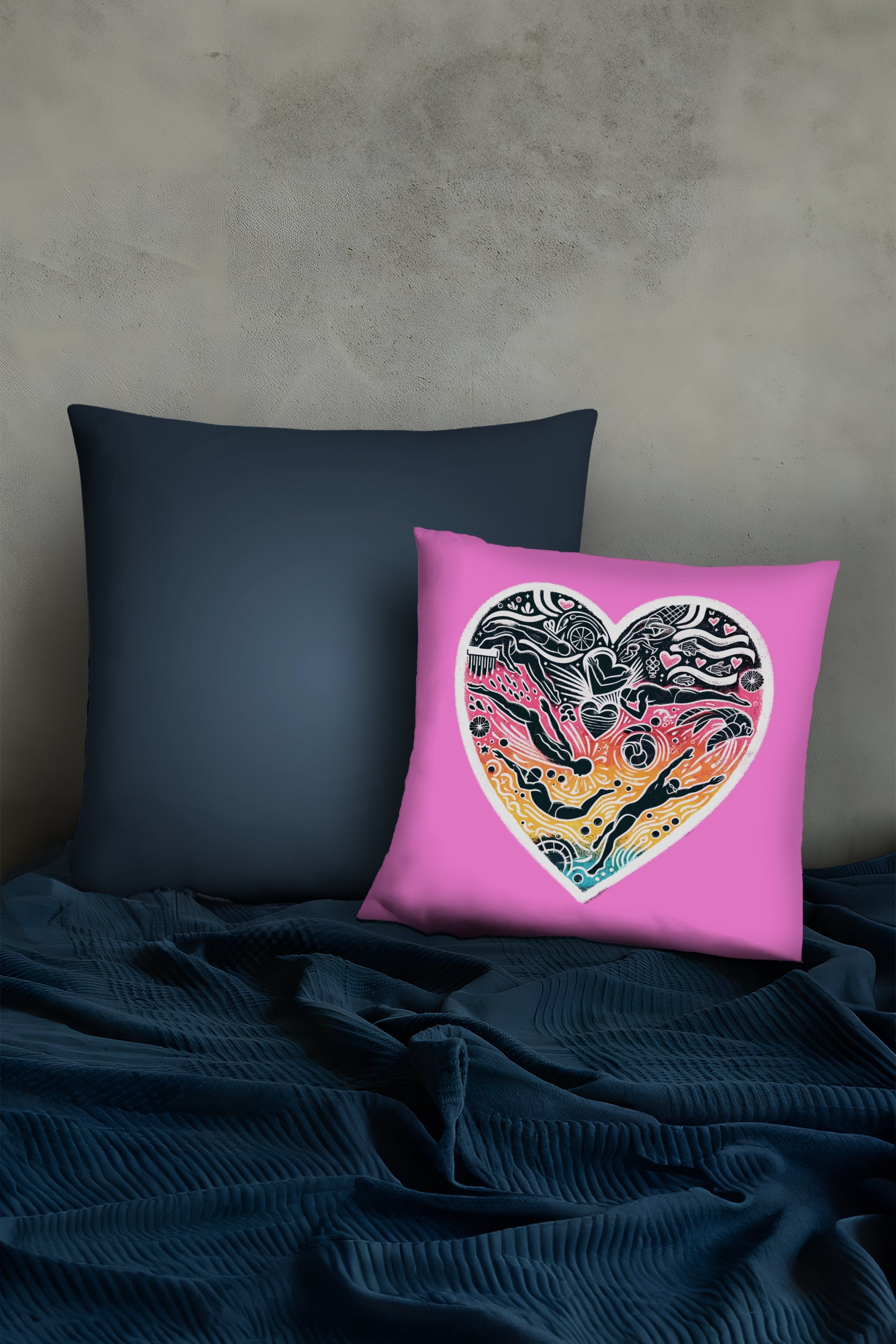 Abstract Heart Design Cushion, Love Swimming Art Pillow, Pink
