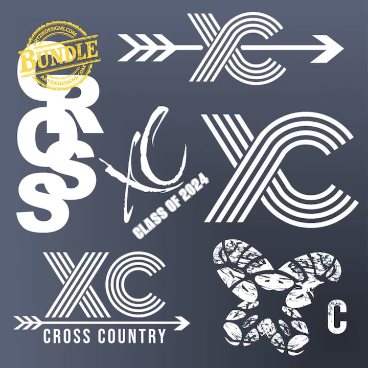 A video of a bundle of 6 white and gray cross country designs on a blue background.