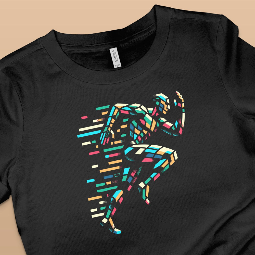 Geometric runner design on a black t-shirt.