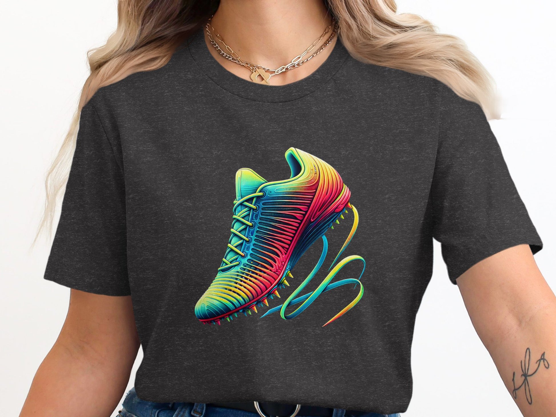 Colorful running shoe graphic on a gray t-shirt.