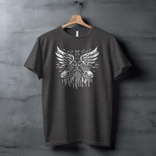 Black t-shirt with white graphic of sneakers with wings.