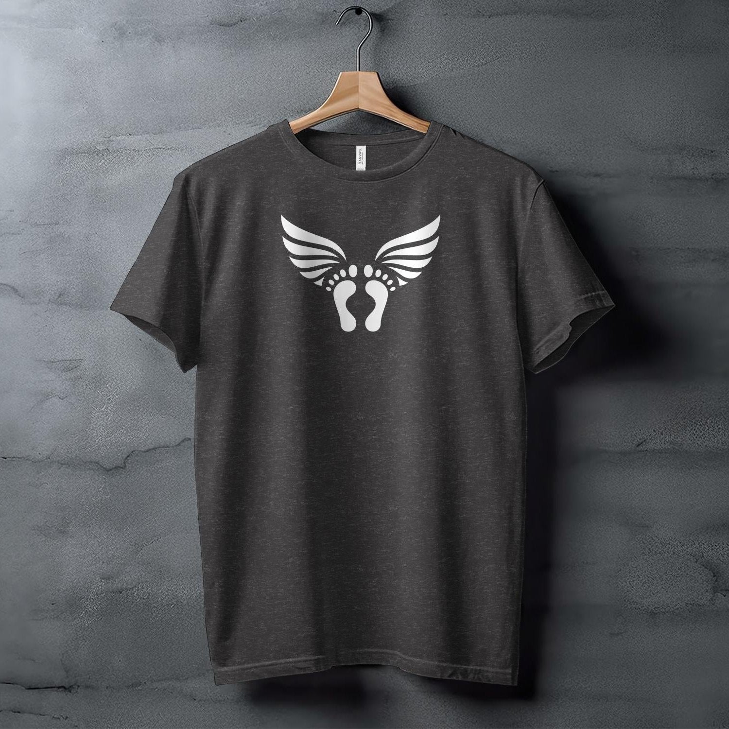 T-shirt with white footprint and wings design.