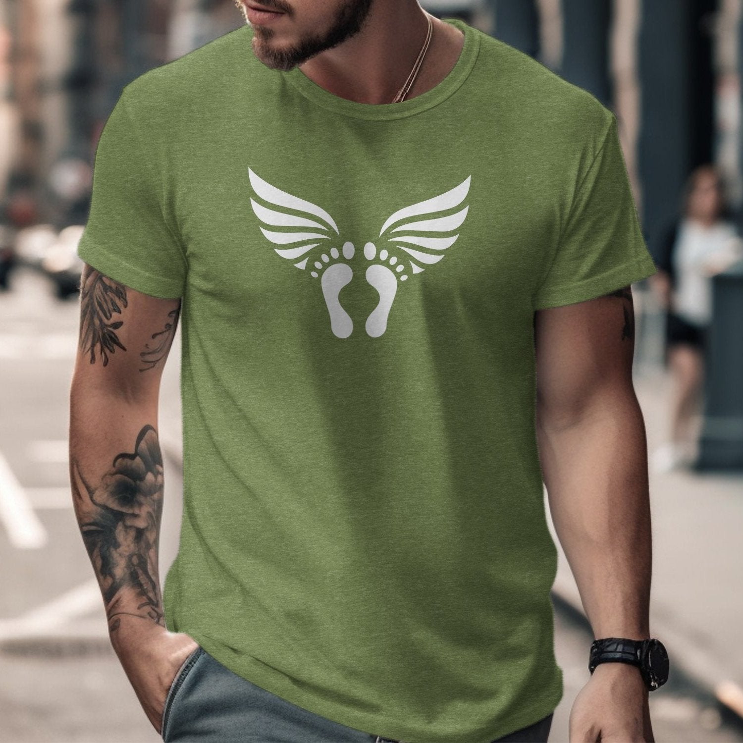 T-shirt with white footprint and wings design.