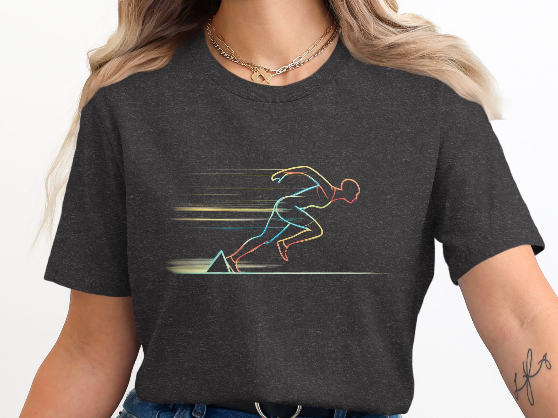 Runner silhouette on a dark grey t-shirt.