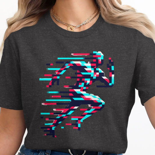 Pixelated runner in motion on a black t-shirt.