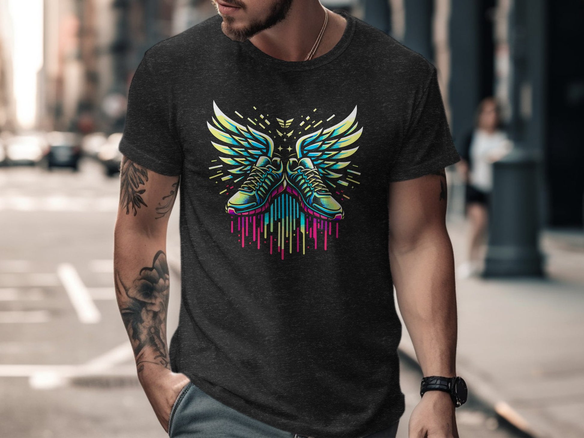 Sneakers with wings on a black t-shirt.