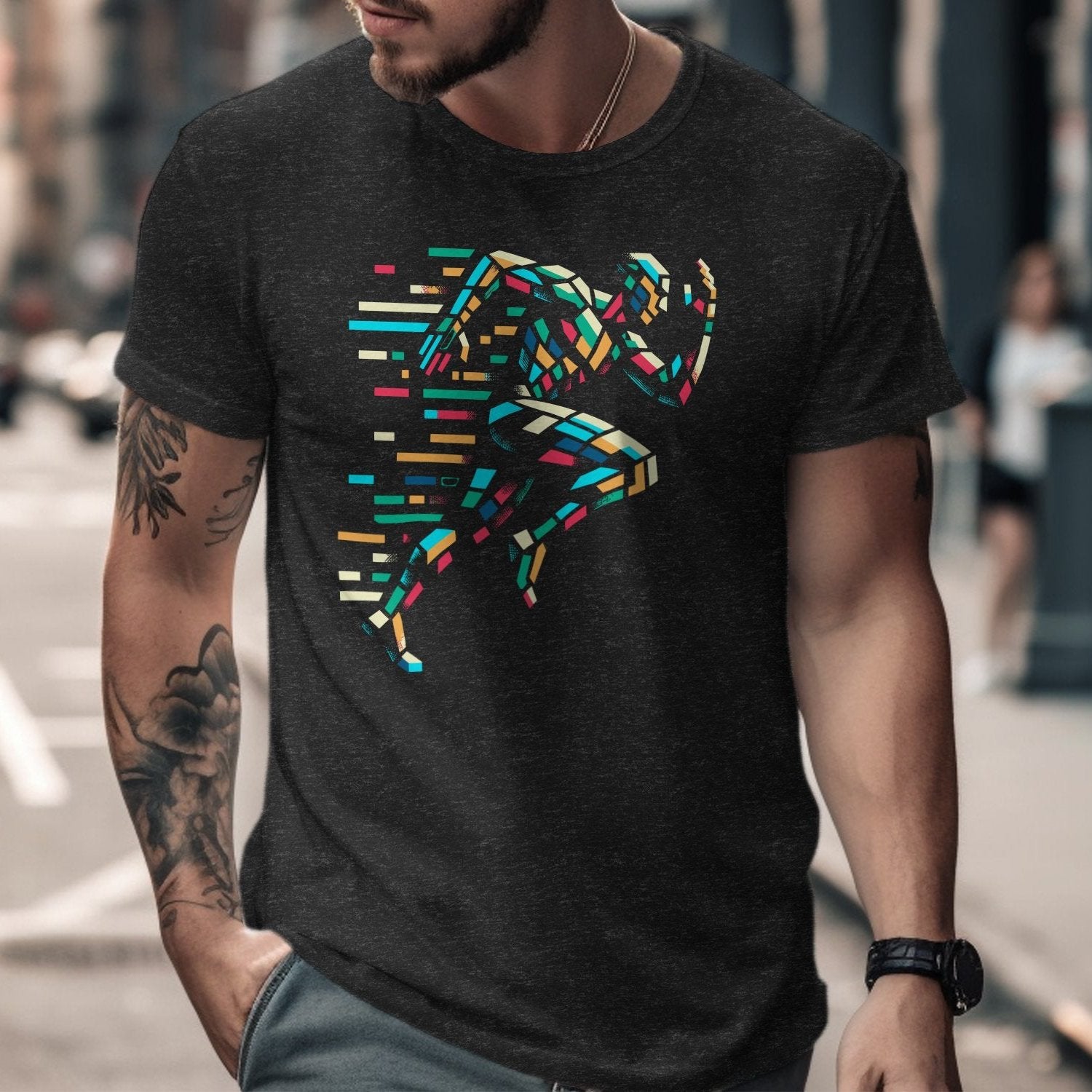 Geometric runner design on a black t-shirt.