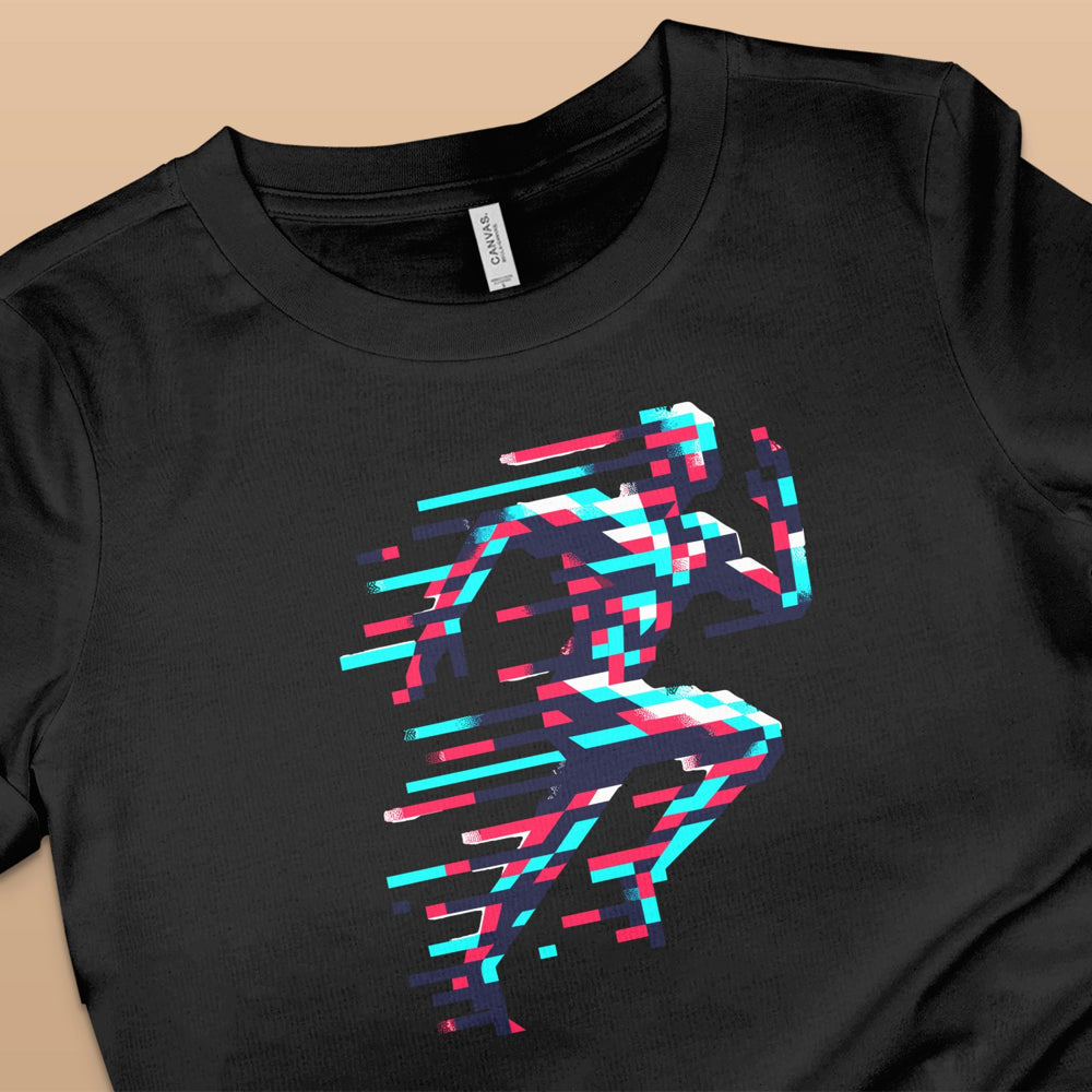 Pixelated runner in motion on a black t-shirt.