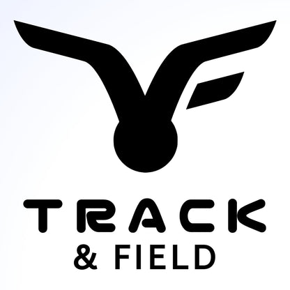 A black bird with a circle in its beak flies above the words "Track & Field" in all capital letters.