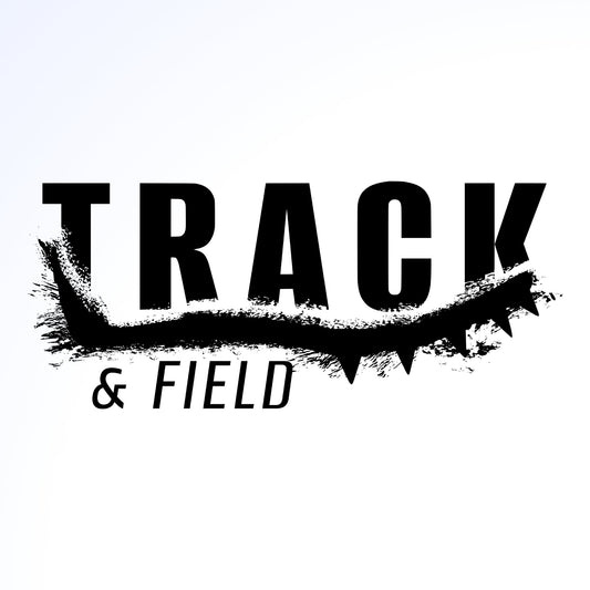 A black and white image that says "Track & Field" in bold letters.