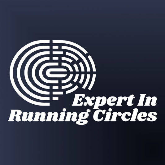 A logo with the words "Expert in Running Circles" in white text on a blue background.