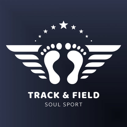 A logo for a track and field event, featuring a pair of footprints with wings and the text "Track & Field Soul Sport" below it.