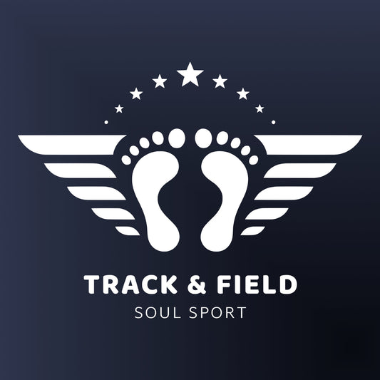 A logo for a track and field event, featuring a pair of footprints with wings and the text "Track & Field Soul Sport" below it.