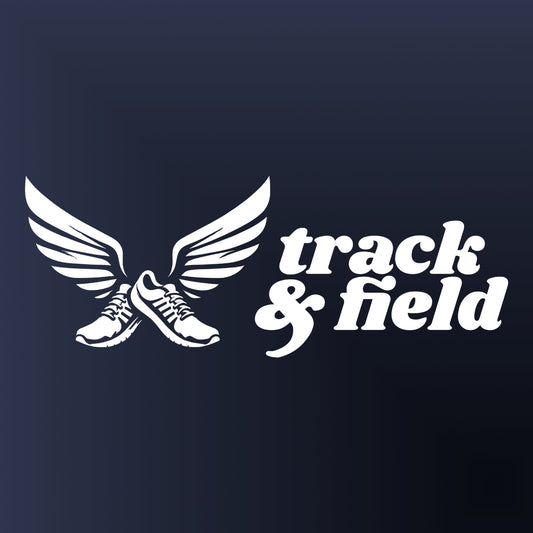 A logo with a pair of running shoes with wings and the text "Track and Field".