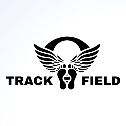 A black and white logo with the words "Track Field" underneath. The logo features a pair of wings with a track inside them.