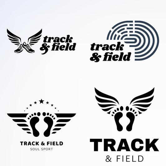 Four track and field logos in black and white, featuring winged shoes, footprints, and a stylized track.