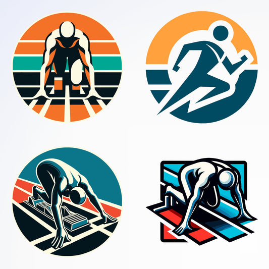 Four stylized icons of runners, some in starting positions on a track.  Concepts of speed and competition.