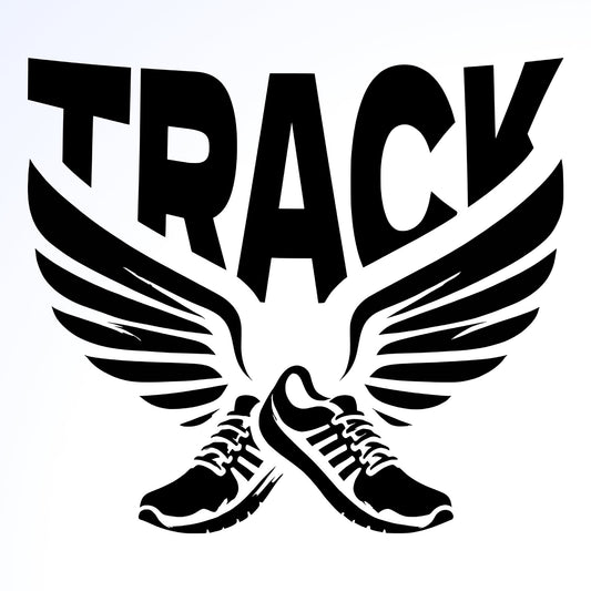 A black and white image of the word "TRACK" with a pair of running shoes with wings beneath it.