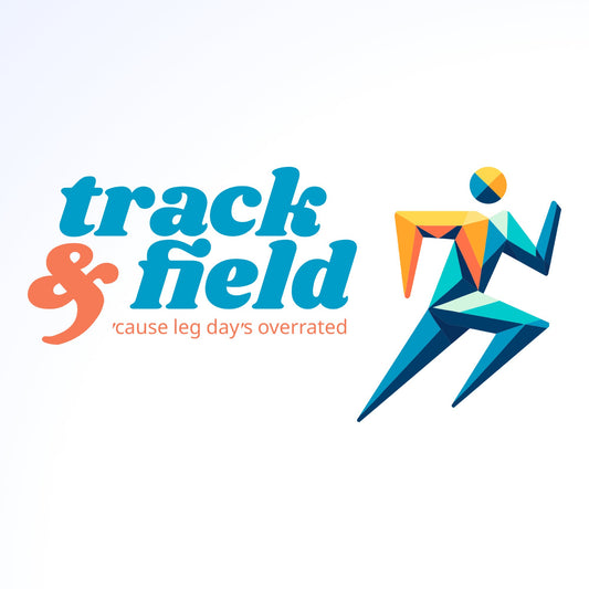 A logo with the words "Track and Field" in blue and orange. A blue and orange geometric person is running next to the words.