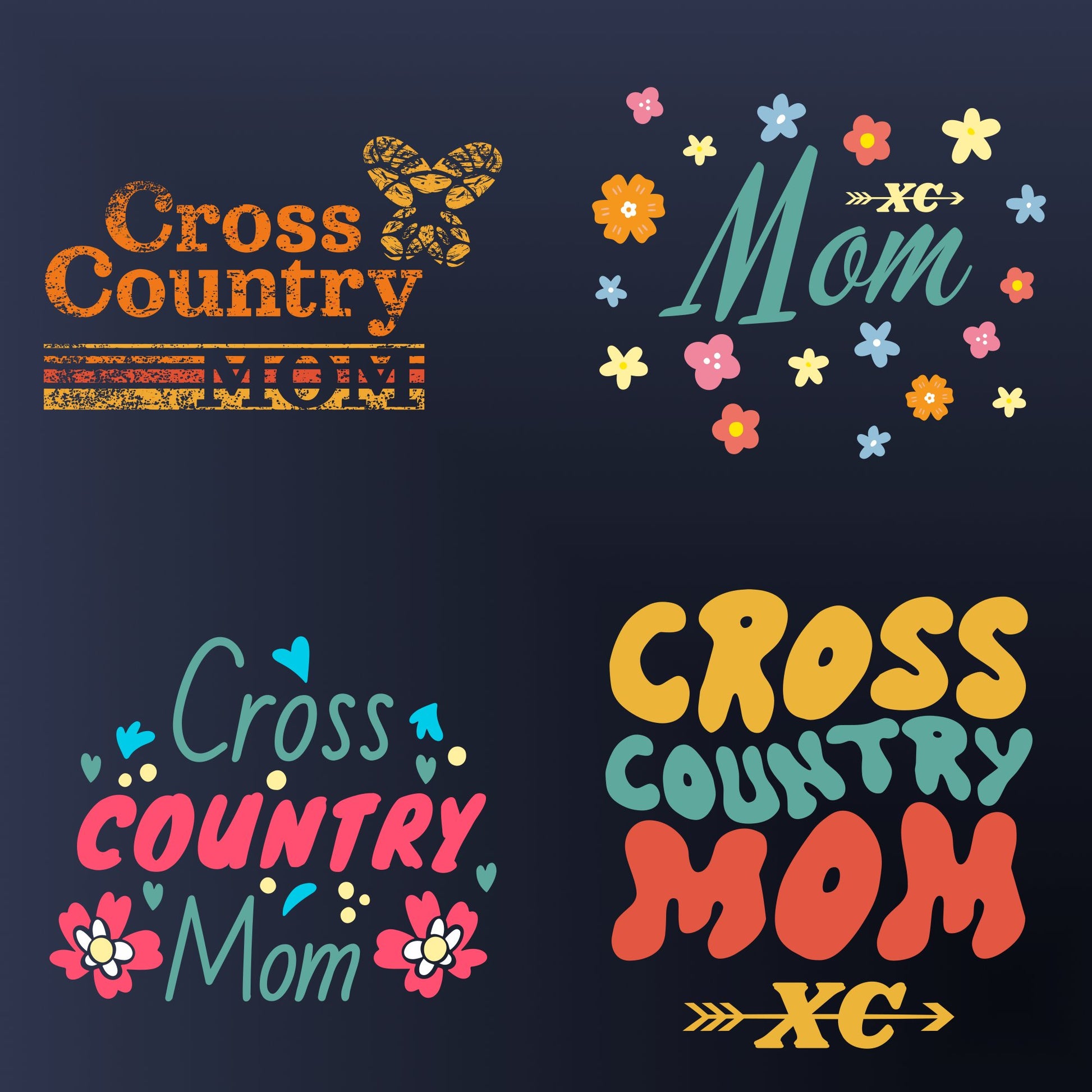 A set of four images with text that reads "Cross Country Mom". The first image has a navy blue background with white and yellow flowers and the text is in white. The second image has a white background with a peach and yellow retro design and the text is in orange and blue. The third image has a white background with a green and pink retro design and the text is in blue and white. The fourth image has a black background with orange stripes and the text is in white and orange.