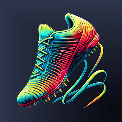 A running shoe with bright rainbow colors and spikes on the bottom.