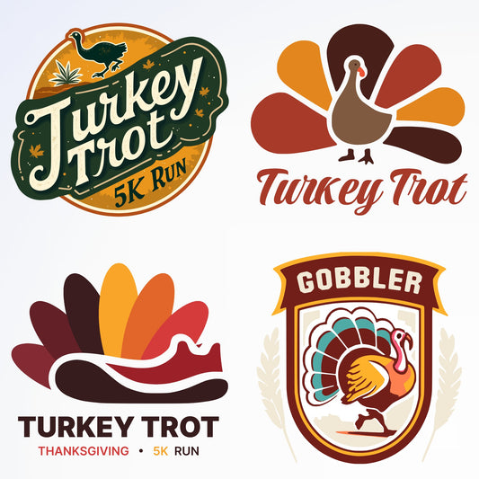 Turkey Trot 5K Run logo with a turkey and running shoe.