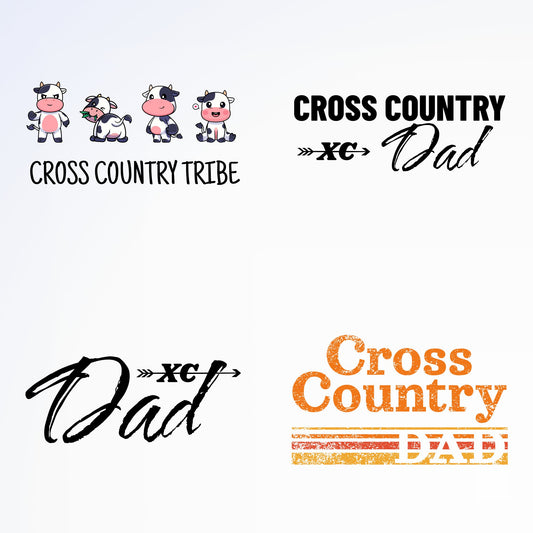 The first image is of the text "Dad" in a handwritten font. The second image is of the text "Cross Country Dad" in a bold font with a distressed background. The third image is of three cartoon cows with the text "Cross Country Tribe" beneath them. The fourth image is of the text "Cross Country Dad" in a handwritten font with an arrow pointing to the word "Dad".