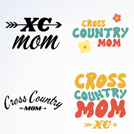 A set of four images with text that reads "Cross Country Mom". The first image has a navy blue background with white and yellow flowers and the text is in white. The second image has a white background with a peach and yellow retro design and the text is in orange and blue. The third image has a white background with a green and pink retro design and the text is in blue and white. The fourth image has a black background with orange stripes and the text is in white and orange.