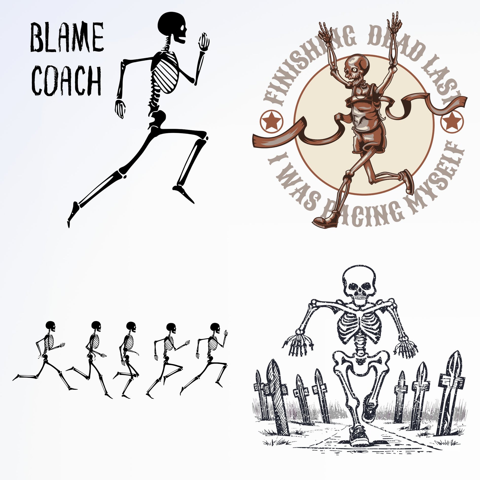 Skeleton running race, funny illustration.