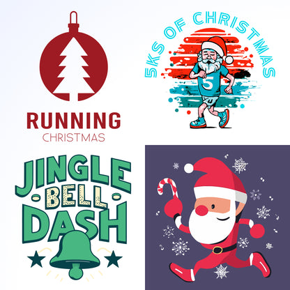 Christmas running event with Santa Claus and a jingle bell.