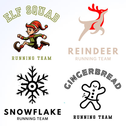 Elf running team logo, reindeer running team logo, snowflake running team logo, gingerbread running team logo.