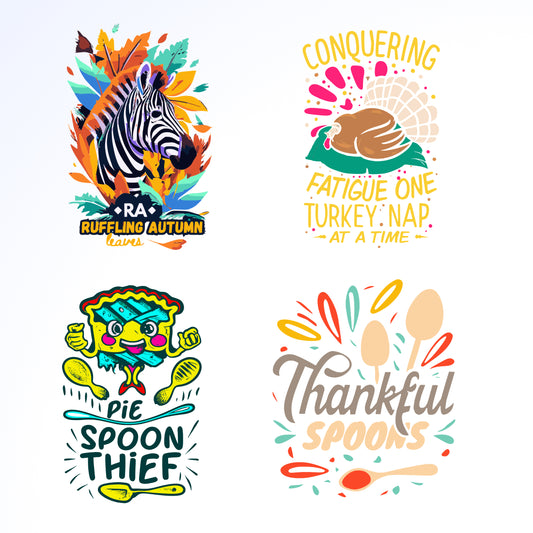 Thanksgiving themed illustrations with zebra, turkey, pie and spoons.