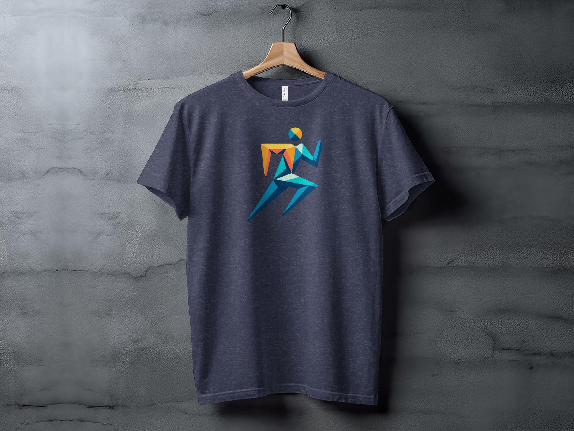 Geometric runner design on a black t-shirt.