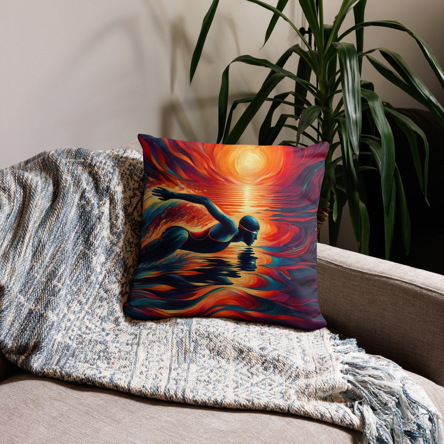 Abstract Swimmer Art Pillow, Swimming Gift, Decor