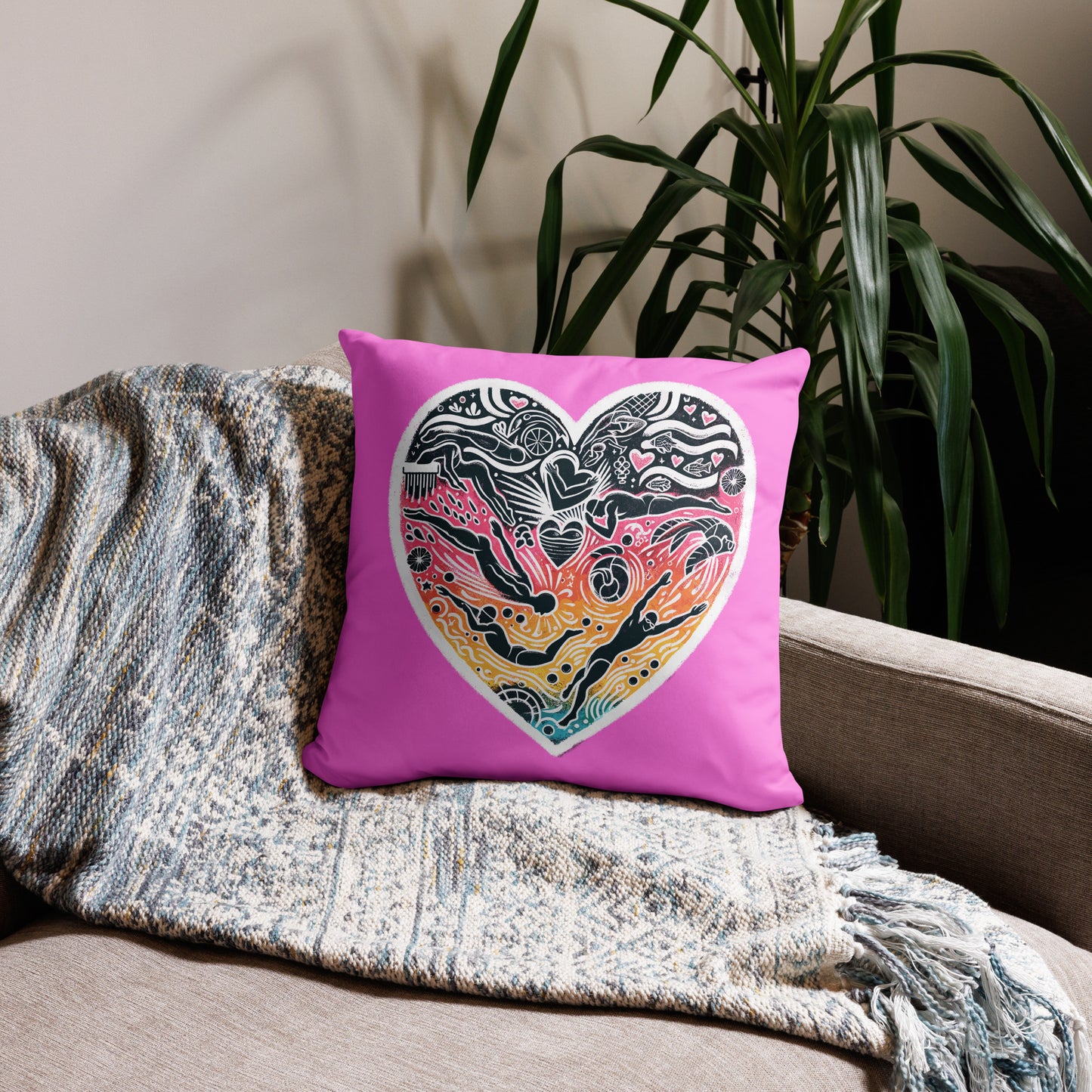 Abstract Heart Design Cushion, Love Swimming Art Pillow