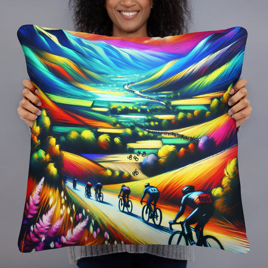 Vibrant Cycling Landscape Pillow, Colorful Cyclist