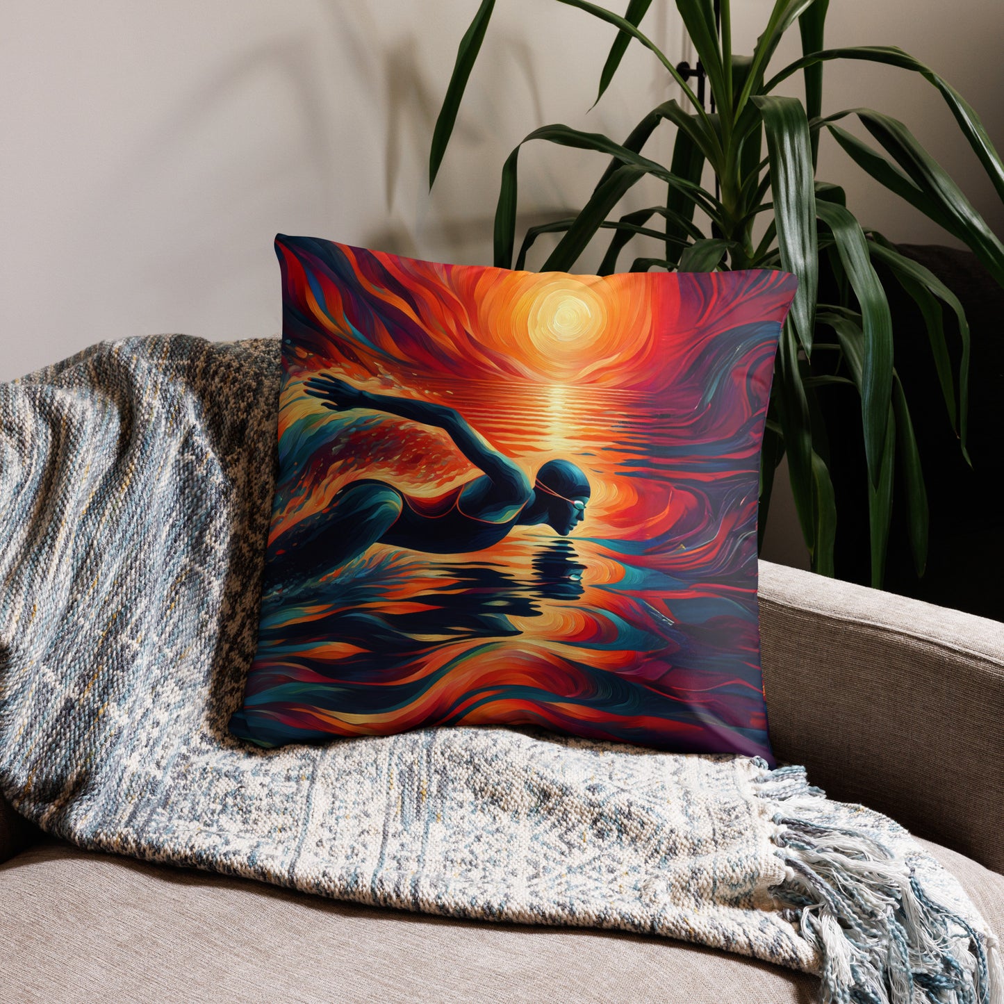 Abstract Swimmer Art Pillow, Swimming Gift, Decor