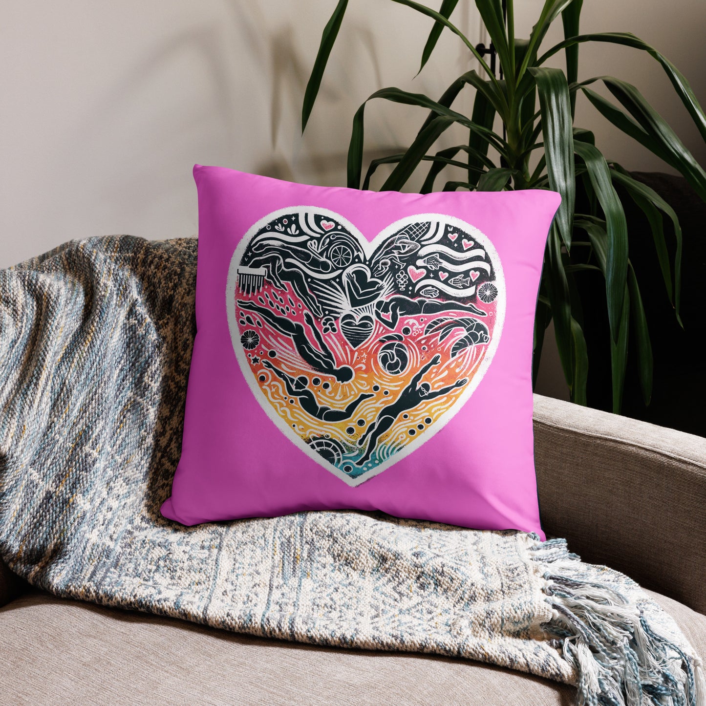 Abstract Heart Design Cushion, Love Swimming Art Pillow