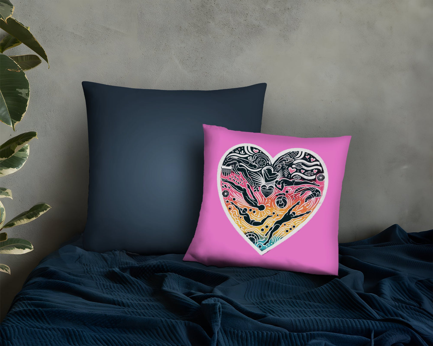 Abstract Heart Design Cushion, Love Swimming Art Pillow