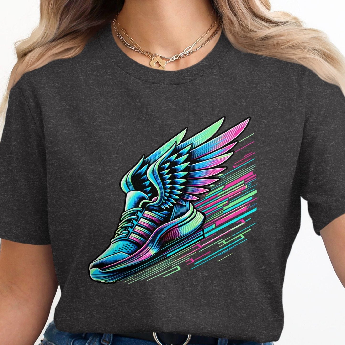 Sneaker with wings on a grey t-shirt.