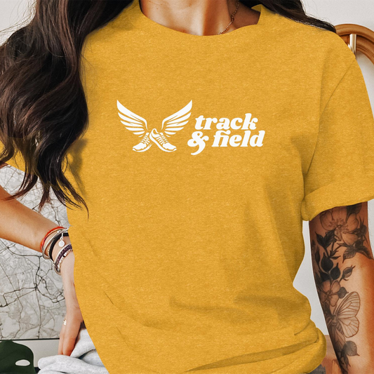 Yellow t-shirt with white "track & field" logo and winged running shoes.