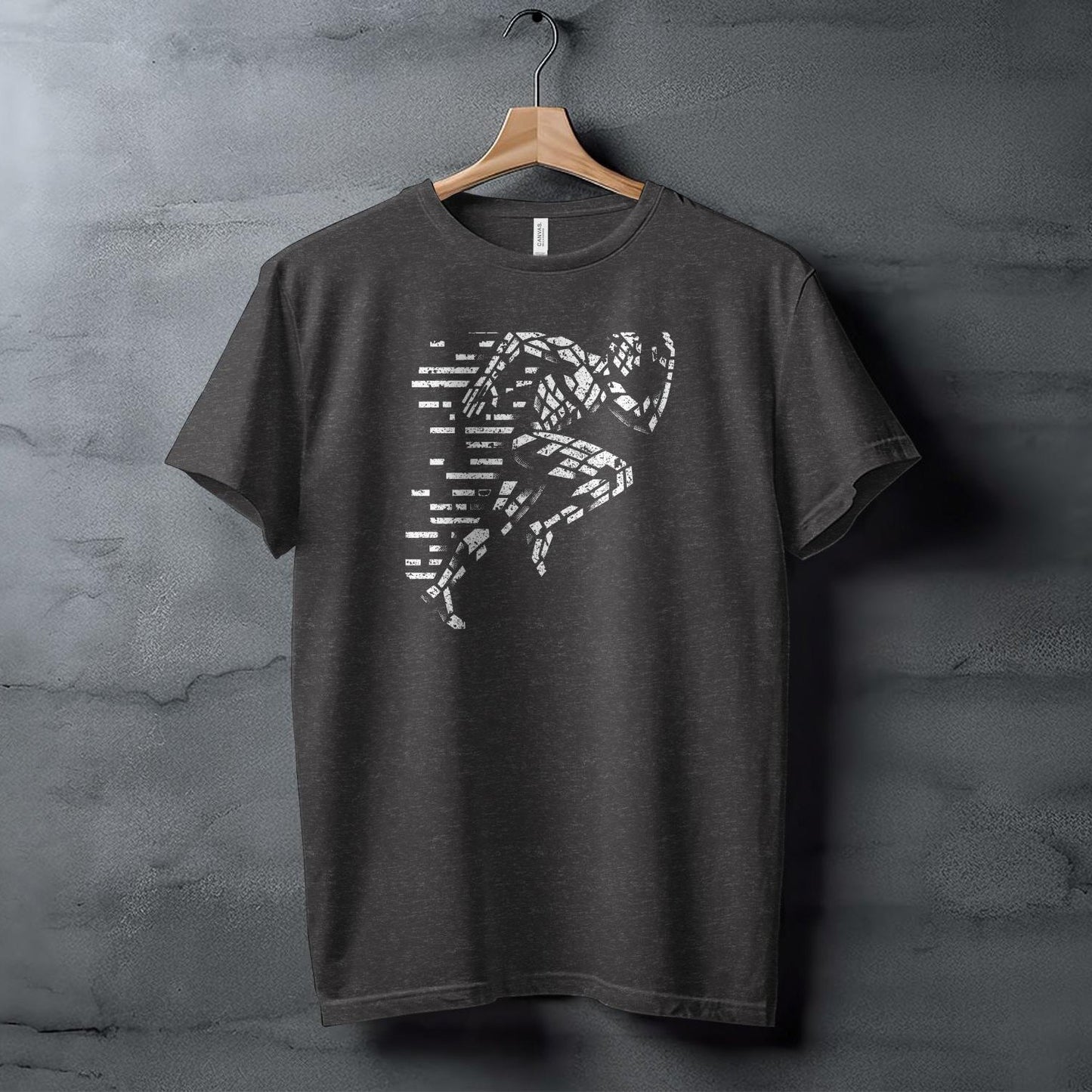 Black t-shirt with a white running figure graphic.