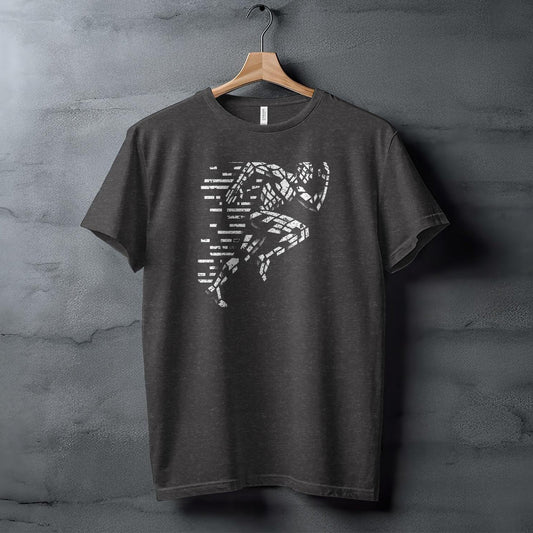 Black t-shirt with a white running figure graphic.