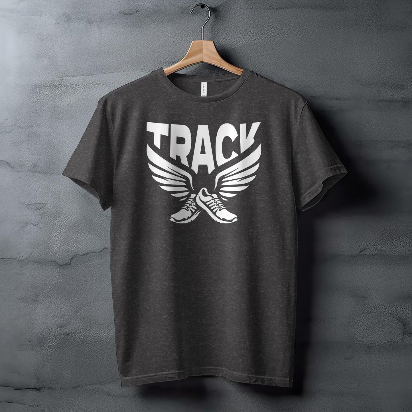 Track and field t-shirt with wings and running shoes.